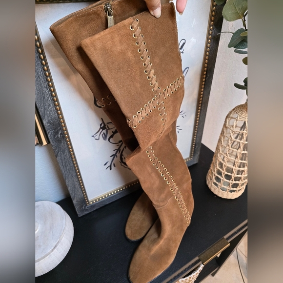 Michael Kors Malin Over The Knee Boots Brown And Gold Suede Boots Size 9 - Picture 6 of 11